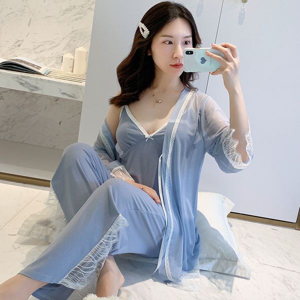 

woman pijamas three-piece set with chest pad female strap lace long-sleeved leisure pajama sets women, Black;red
