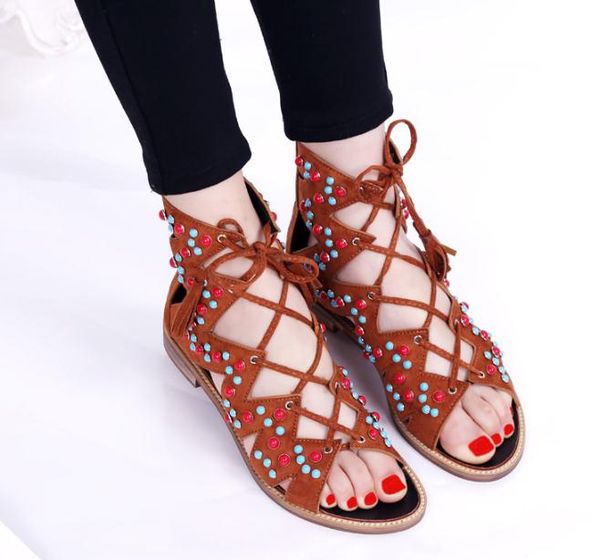 

fashion summer 2018 new suede cross strap high bohemian cool boots roman sandals retro flat shoes, Black