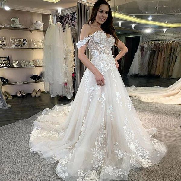 

off the shoulder wedding dress appliques a line wedding gowns sweep train lace-up bridal gowns custom made, White