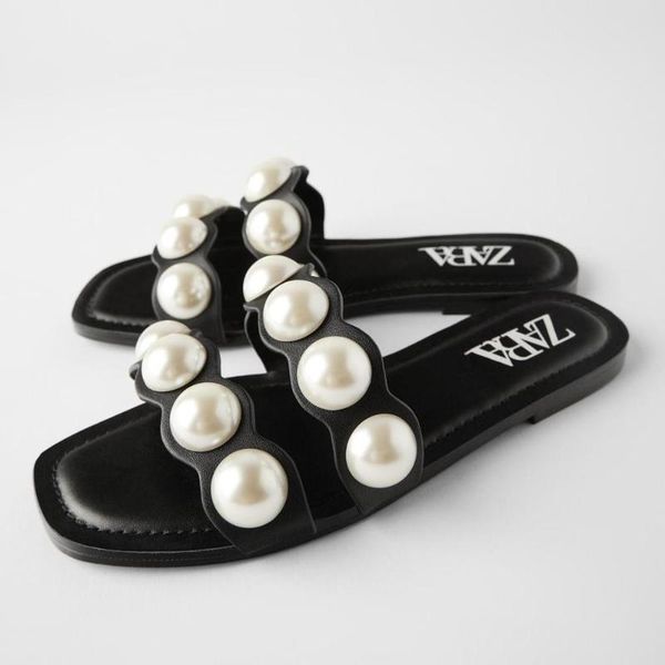 

women slippers sandals 2020 summer flat pearl women slipper outside fashion euramerican causal designer sandals, Black