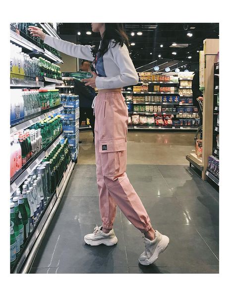 

cotton high waist cargo pants spring pink with pocket new fashion female trousers, Black;white