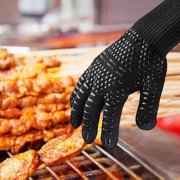 

gloves bbq high temperature insulation silicone glove oven baking cooking glove for grill gloves, Black