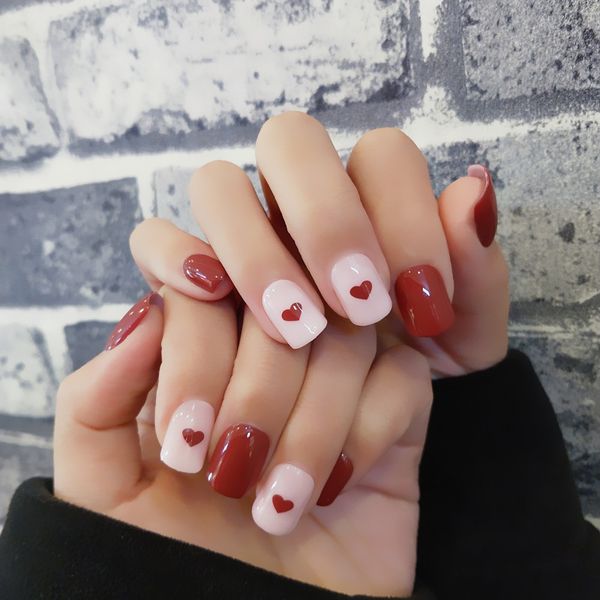 

new wine red love fingertip magic box removable fake nails manicure finished wearing a factory outlet, Red;gold