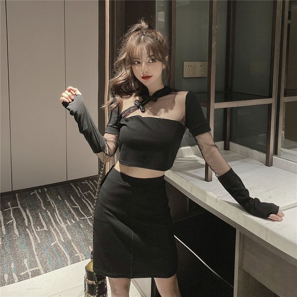

2020 осень ретро китайском стиле cheongsam slim-fit с длинными рукавами сексуальный сетки перспективы рубашка юбка костюм женщины, Black