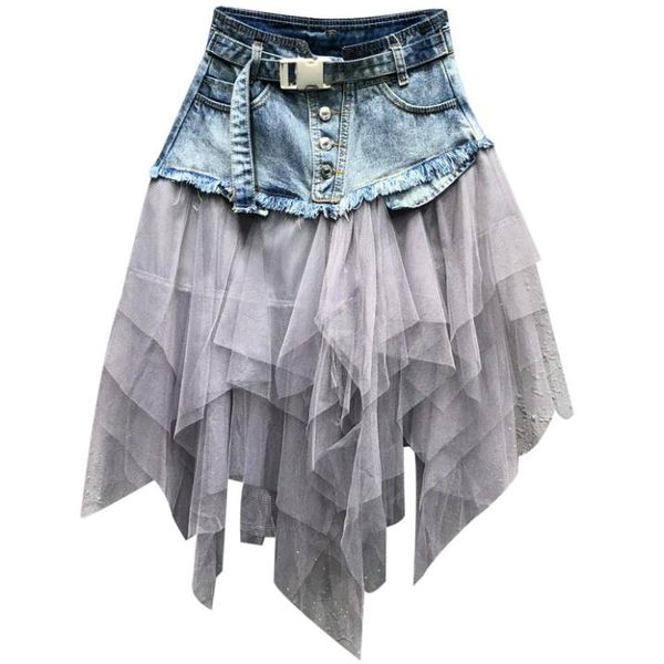 

fashion women denim skirt plus size 2019 summer new arrival jeans a-line mesh patchwork skirt, Black