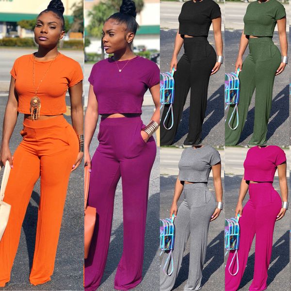 

women summer two piece sets o-neck short sleeve tee wide leg long pants suit tracksuit fashion outfits 6 colors, White