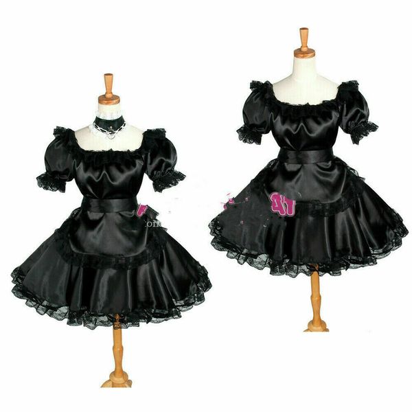 

pre-made us size 16 -dominate femdom black satin sissy maid dress, Black;red