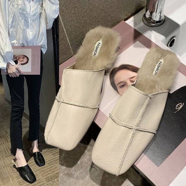 

women's leather slippers leather slippers flat home sandals 2020 women's luxury home shoes women, Black