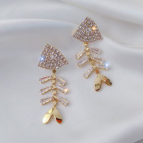 

trendy crystal zircon fishbone long drop earrings femme jewelry gifts for women simple gold silver chic dangle earring brincos