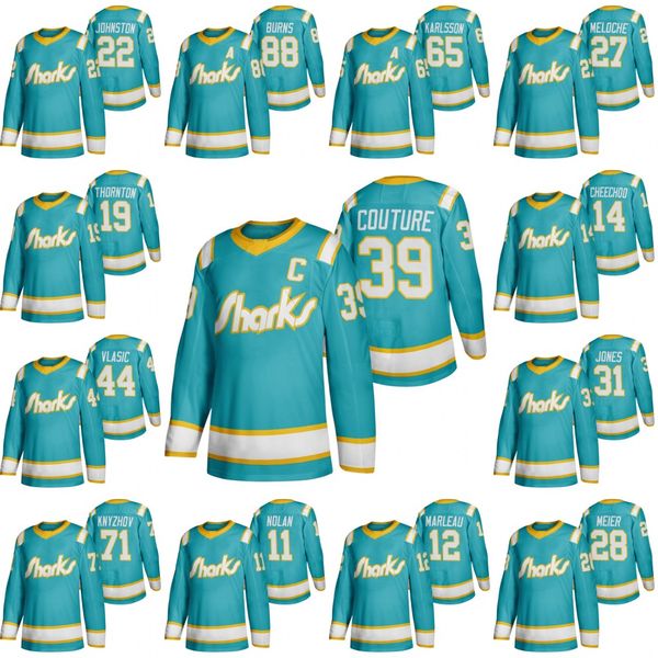 

39 logan couture 2020 san jose sharks vintage teal jersey brent burns joe thornton marc-edouard gilles meloche timo meier joey johnston, Black;red