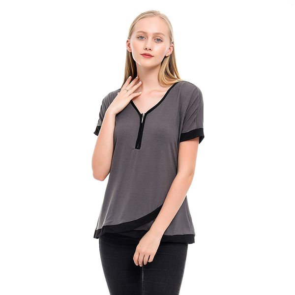 

women summer tshirt 2020 contrast color short sleeve t-shirt zip up v-neck casual loose tees tunic streetwear female, White