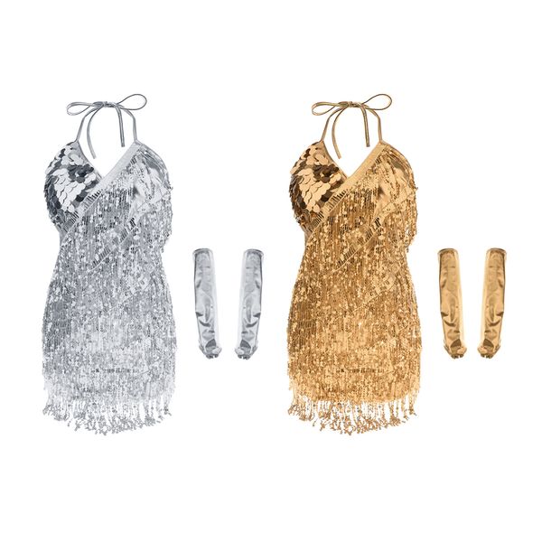 

2pcs women glitter latin dance dress with gloves - gold + silver, Blue