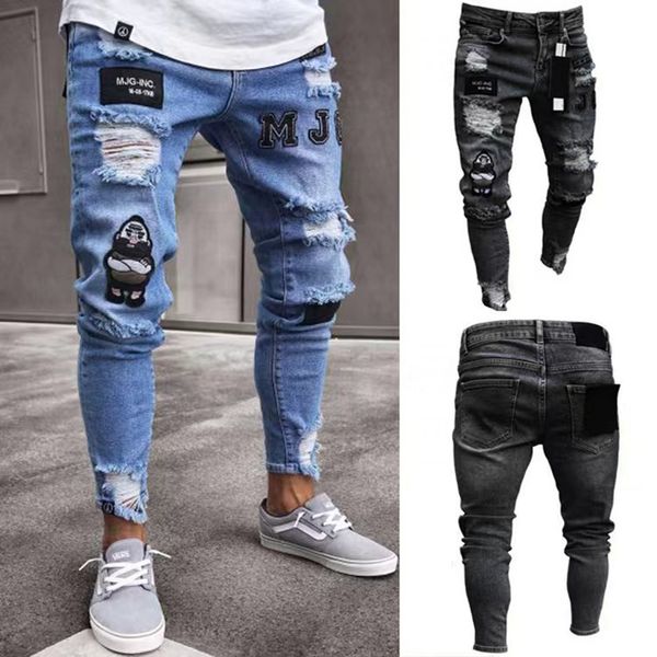 

men denim ripped hole jeans side high street jeans fashion hip hop skinny pencil for men stretch patchwork black, Blue