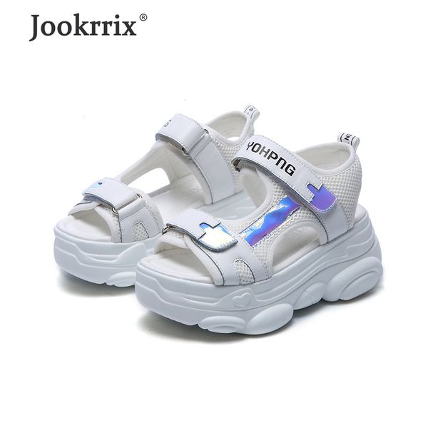 

jookrrix 2020 women summer female genuine leather sandals women fashion increased 6cm wedges tick sole shoes white zs2397, Black