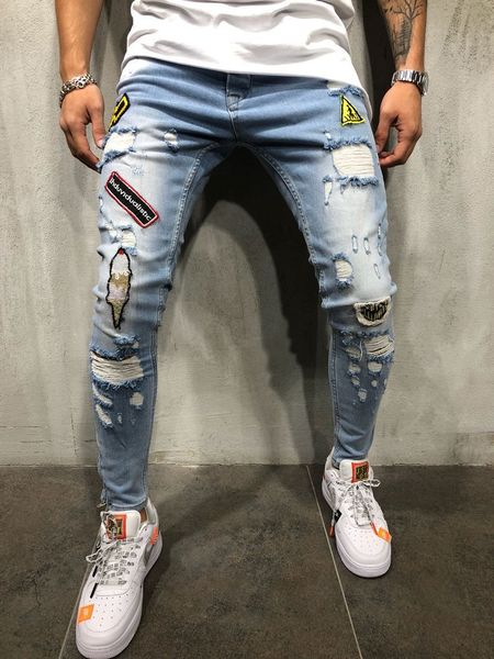 

2019 fashion new male hole badge embroidery denim trousers pants men's streetwear hiphop skinny casual patch jeans, Blue