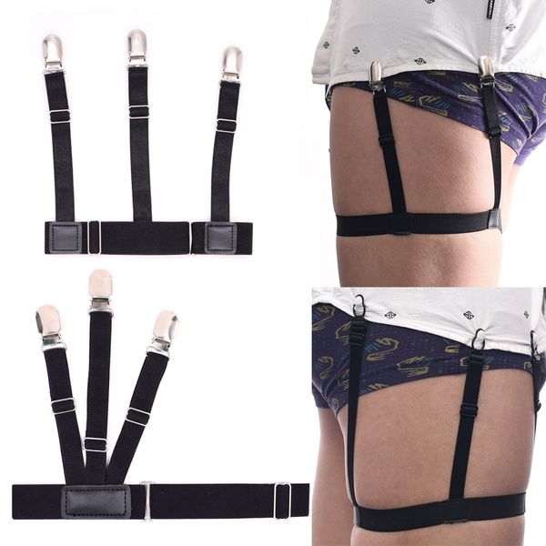 

2 pcs adjustable men shirt stays belt with non-slip locking clips keep shirt tucked leg thigh suspender garters strap, Black;white