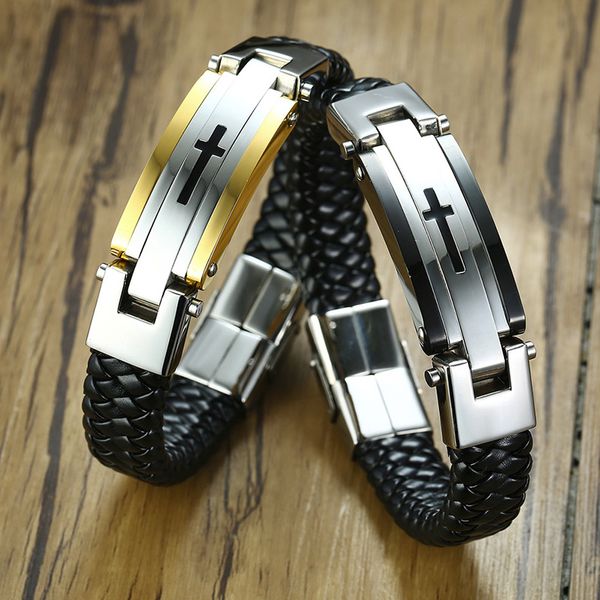 

mens cross stainless steel braided leather bracelet in black, White