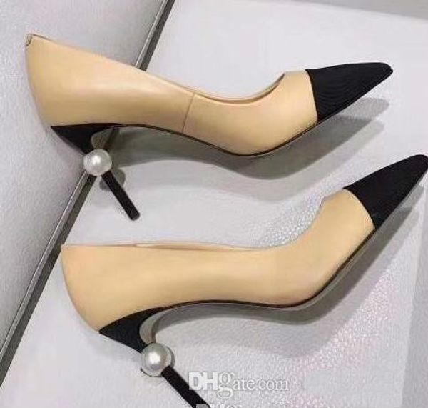 

Pearl Extreme High Heels Women Leather Slippers Luxury Brand Beige Black Sandals Catwalk Heels Pumps Woman Dress Prom Shoes Free Shipping