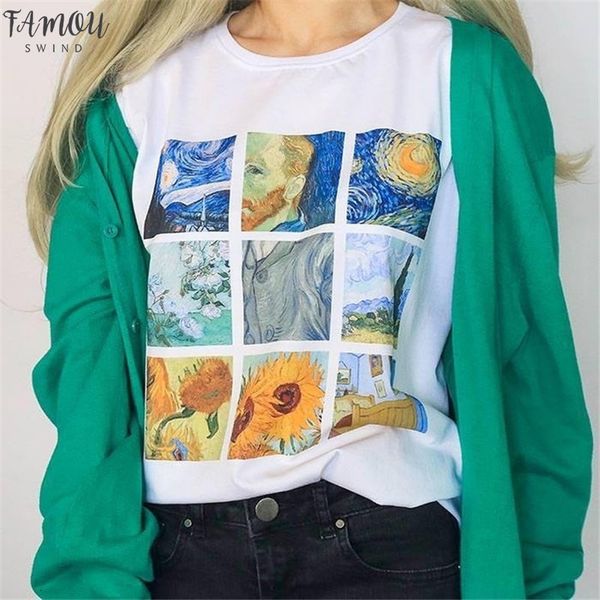 

new van gogh art oil painting lattice print v neck cute casual short sleeve female summer harajuku t shirt, White