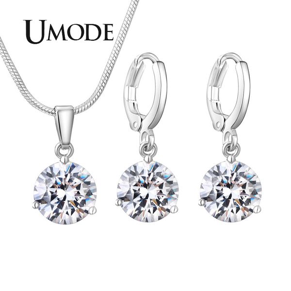 

umode 2019 new fashion round pendant necklace and earrings sets for women blue pink red green zircon white gold jewelry aus0081, Silver