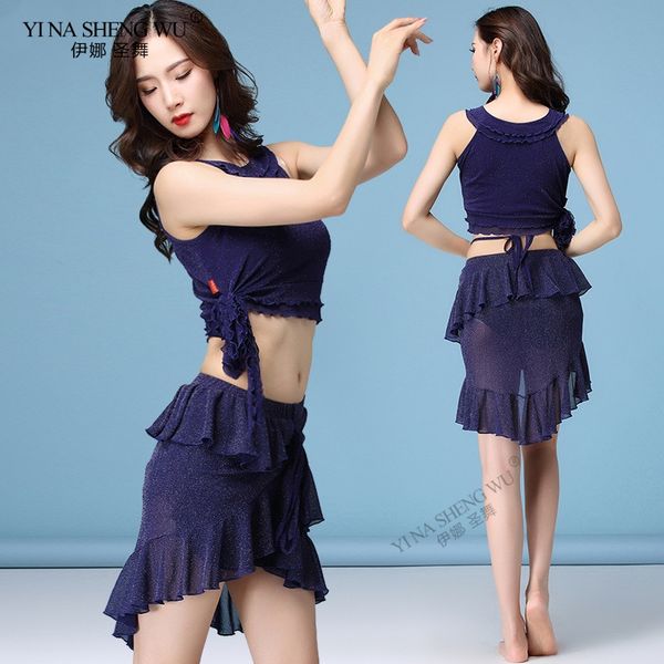

belly dance practice suit new women's mesh 5 colour clothing short sleeves+skirt 2pcs belly dance set skirt, Black;red