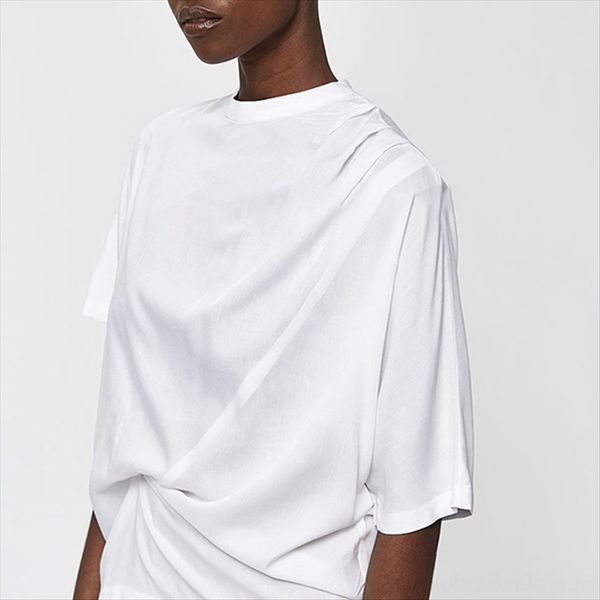 

2020 simple asymmetric fold design loose all-match solid color short-sleeved t-shirt women's fashion 2020 simple asymmetric fold design, White