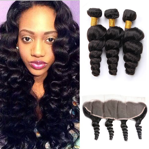 

peruvian raw virgin hair extensions loose wave 3 bundles with 13x4 lace frontal ear to ear pre plucked loose wave curly 8-30inch, Black;brown
