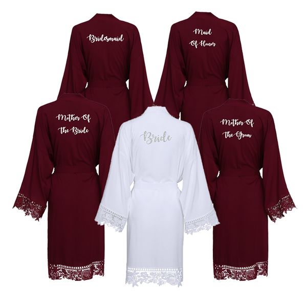 

yuxinbridal 2019 new green navy burgundy solid cotton kimono robes with lace trim women wedding bridal bathrobe sleepwear white, Black;red