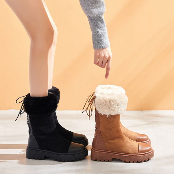

new high warm snow boots back zipper genuine leather boots plush female botas women solid color woman fur shoes, Black