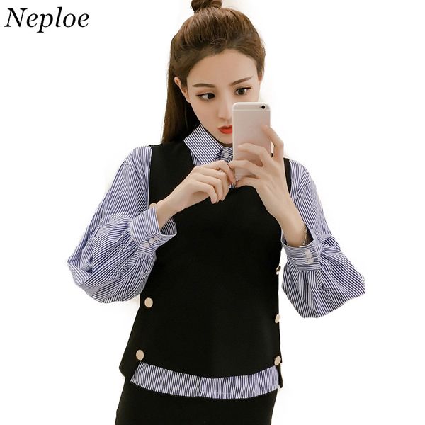 

neploe 2018 spring female striped long sleeve shirt &vest two pieces women lantern sleeve blouse short vest sets 66369, White