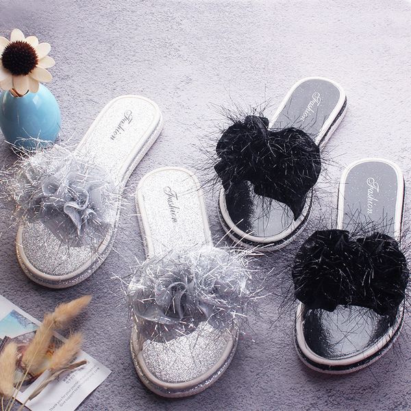 

flower solid shallow women summer slippers elegant sweet summer flat slides open toe outside shoes, Black