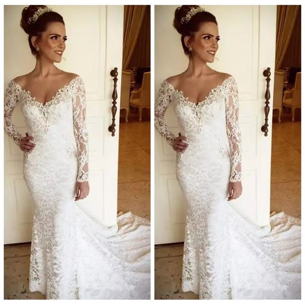 

2019 modest v-neck lace long sleeves lace mermaid wedding dresses slim petite bridal gowns customized vestidos de marriage plus size, White