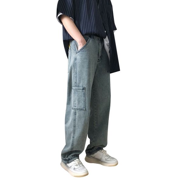 

2019 new fashion mens jeans 2019 streetwear hip hop autumn ripped solid cotton loose full length mid waist washed jeans, Blue