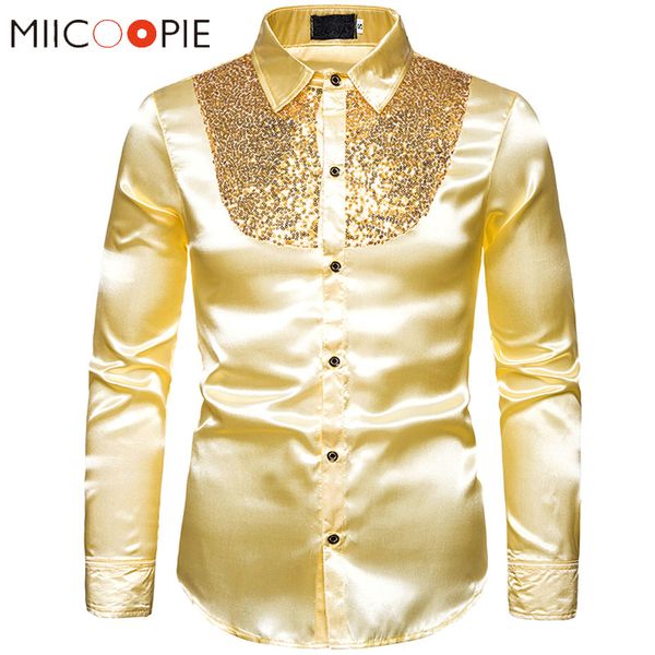 

luxury sequin shirts men dress brand new silk satin nightclub stage prom costume shiny long sleeve chemise homme male gold shirt, White;black