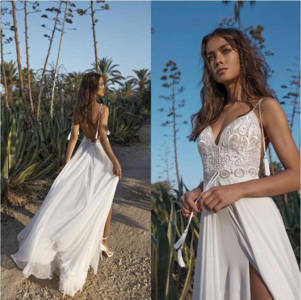 Asaf Dadush 2019 Vestido De Noiva Bohemia Praia Vestidos De Noiva Spaghetti Lace Backless Dividir Chiffon Boho Robe de mariée Vestidos De Casamento País