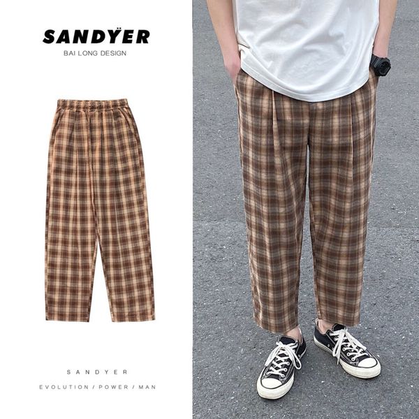 

лето тонкий раздел клетчатые брюки мужская мода ретро хлопок прямые брюки мужчины уличная свободная эластичная талия повседневная m-5xl, Black