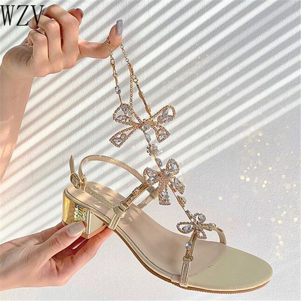 

2020 rhinestone new women summer chunky heels sandals bowknot woman holiday sandals ladies outdoor beach h550, Black
