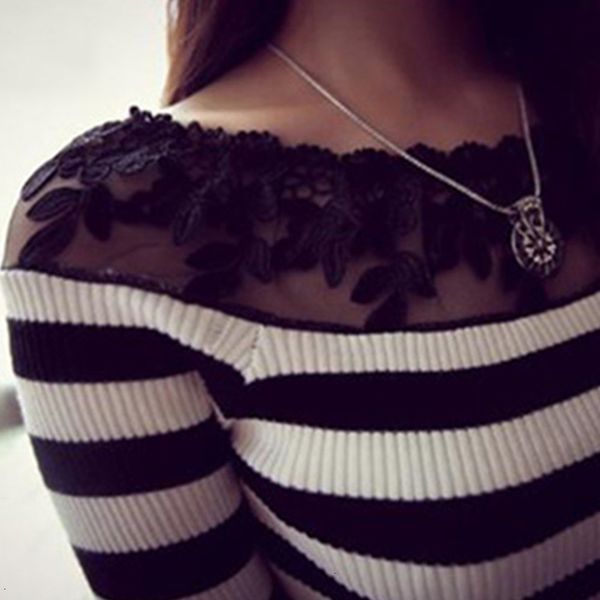 

women blouse women blusa black and white striped blouse regular shirts knitted fashion lace embroidery long sleeve knitwear female