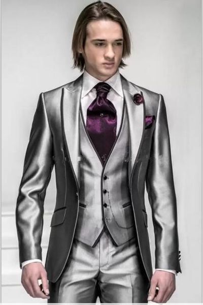 Novo Estilo de Um Botão Brilhante Prata Cinza Do Noivo Smoking Padrinhos Ternos de Casamento dos homens Melhor homem Ternos (Jacket + Pants + Vest + Tie) 009