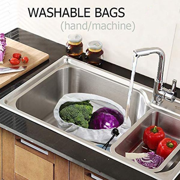 

reusable mesh produce bags, washable grocery shopping bag for veggies fruits grains, see through home kitchen organizing sacks