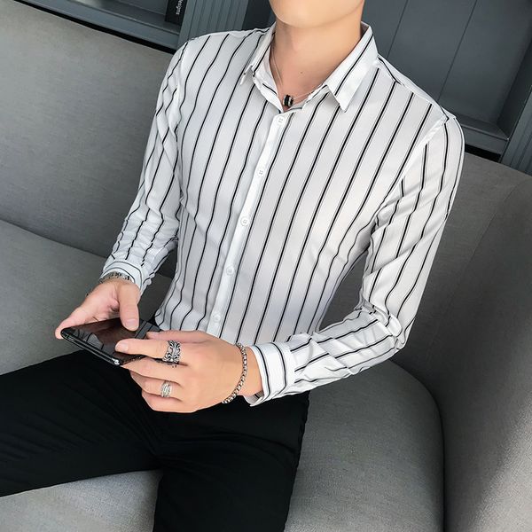 

gzdeerax yarn-dyed stripe mens shirts luxury long sleeve business and casual man shirts fashion slim fit simple male, White;black