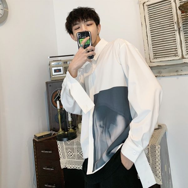 

printed long sleeve men shirts slim white korean male fashion ulzzang youth indie pops loose casual fashion men clothes 50cs, White;black