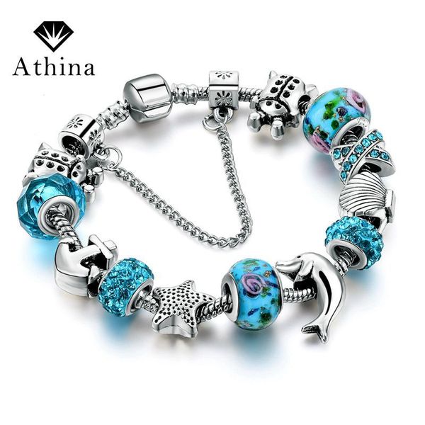 

fashion jewelry anchor/star bracelets with blue charms women diy silver beads bracelets & bangles pulseras mujer sbr160146