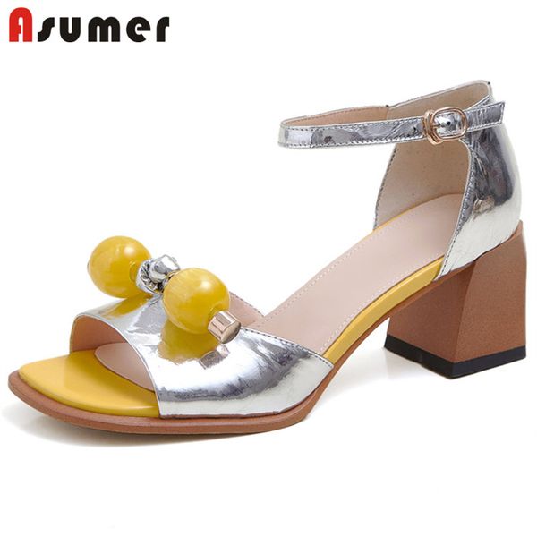 

sandals asumer 2021 genuine leather women casual shoes buckle solid colors summer square high heel ladies, Black