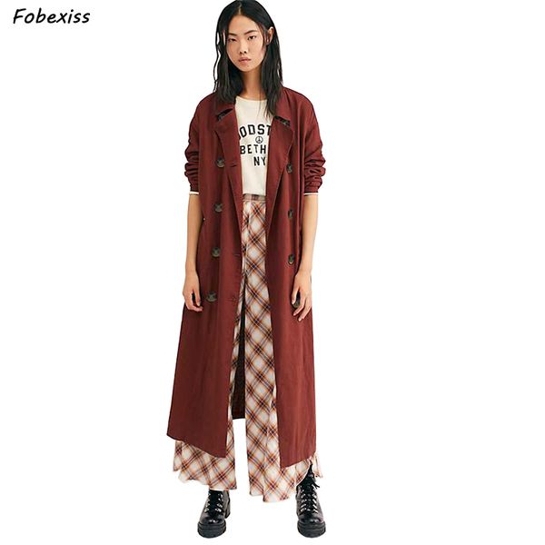 

2019 fall lady long sleeve double breasted long trench coat female pocket straight cotton linen windbreaker femme hiver overcoat, Tan;black