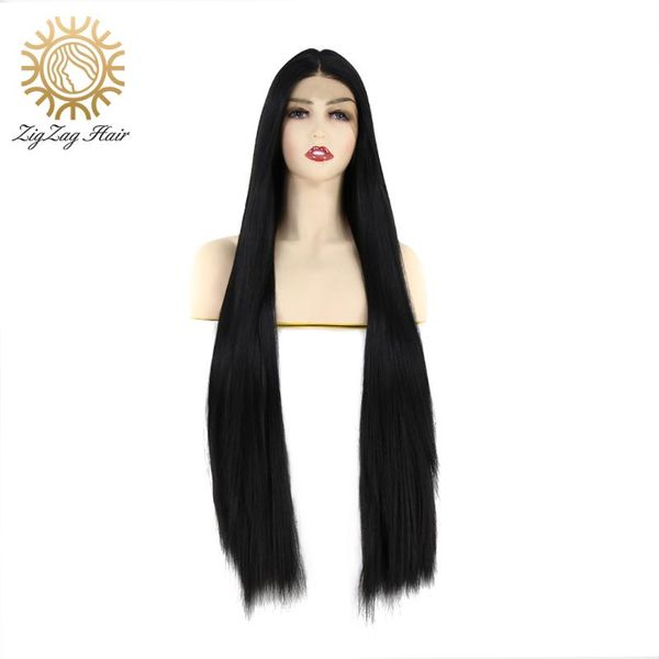 

synthetic wigs zigzag black lace front for women middle part glueless heat resistant fiber 30inch long straight hair