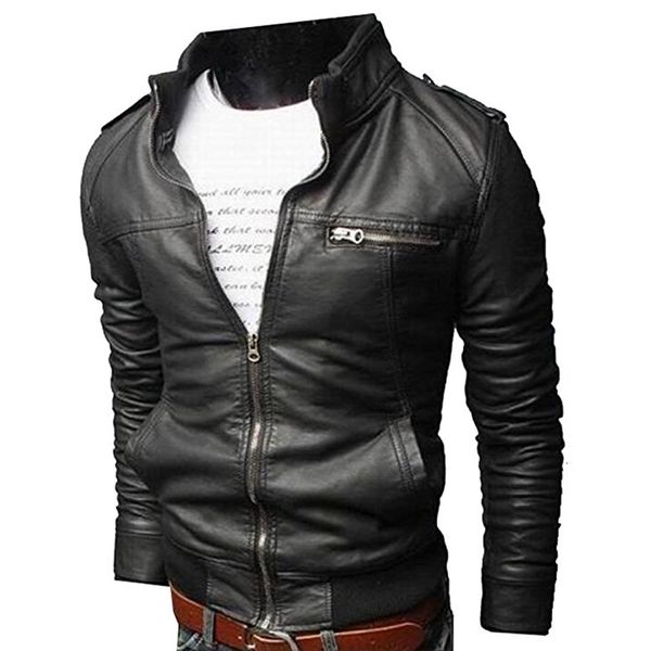 

hemiks solid autumn & winter men's causal jacket stand collar long sleeves male pu leather jacket zipper pocket slim fit outwear, Black;brown