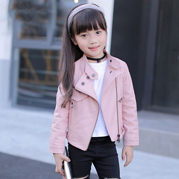 

2019 fashion girls pu jacket rivet zipper cool jacket leather clothing for girls 4-12 y classic collar zipper leather motorcycle, Blue;gray