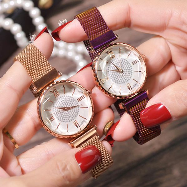 

luxury crystal women bracelet watch 2019 fashion diamond ladies magnet steel mesh clock casual waterproof female wristwatch gift, Slivery;brown