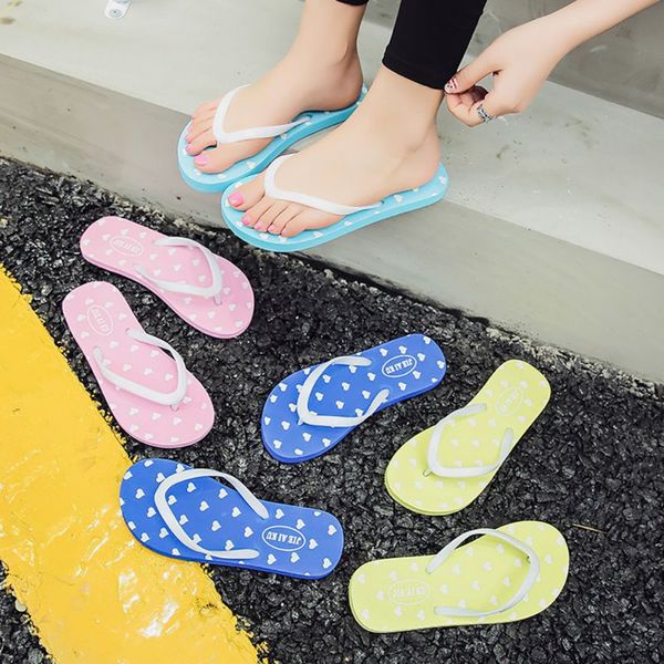 

women flip flops beach flat slippers summer fashion heart print female lovely sweet shoes, Black